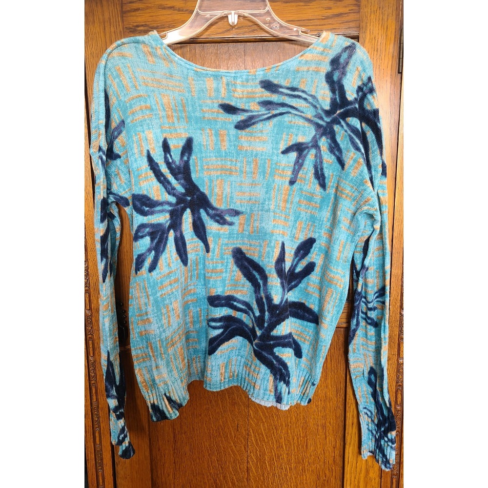 NIC+ZOE Womens Tropical Leaf Print Lightweight Knit Sweater Blue Tan Large - Picture 2 of 6